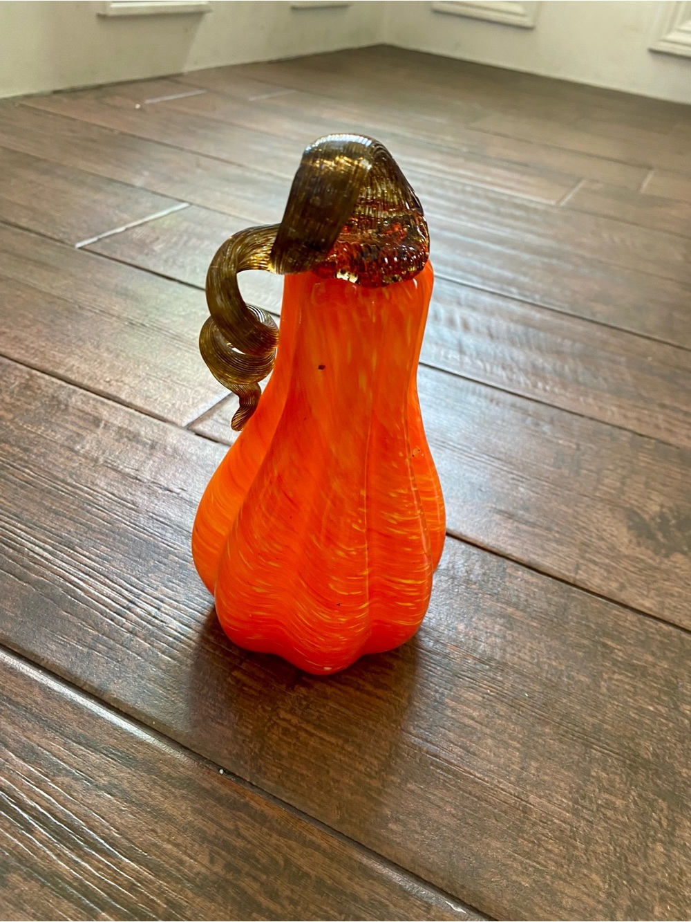 Blown Glass Art Glass Gourd Variations of Orange Coiled Brown Stem
